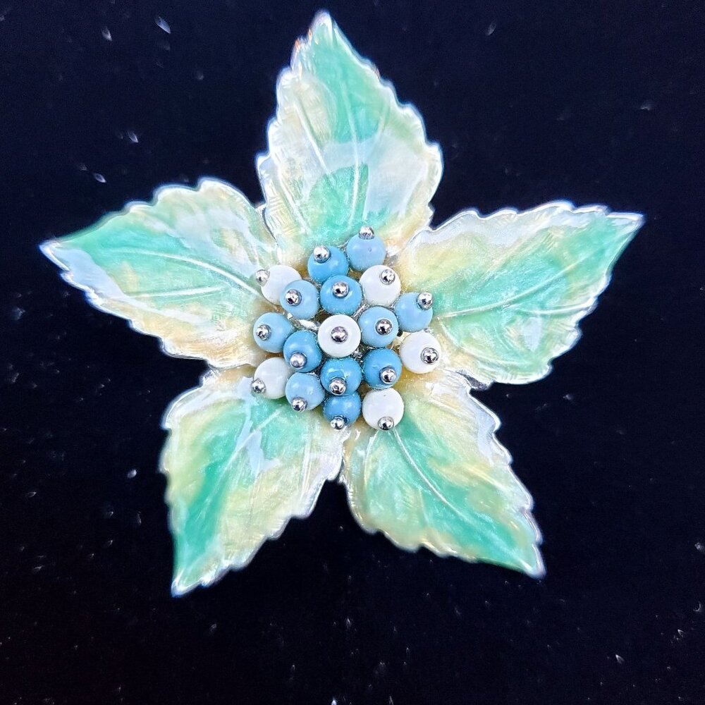 Vintage Liz Claiborne Flower Brooch Pin Enamel Beaded Green